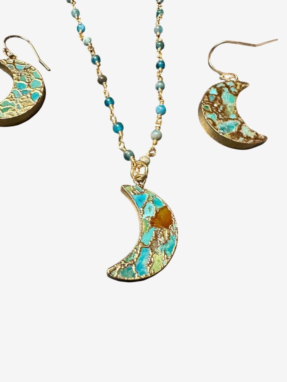 Moon Crescent Necklace & Earrings Set With Turquoise & Gold Accents - Picture 3 of 6